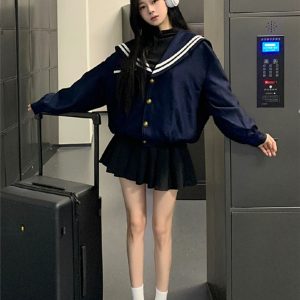 Vintage American College Style Navy Collar Jacket for Women - Loose Casual Top for Autumn Winter 2023