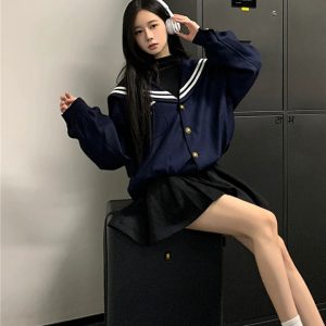 Vintage American College Style Navy Collar Jacket for Women - Loose Casual Top for Autumn Winter 2023