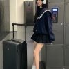 Vintage American College Style Navy Collar Jacket for Women - Loose Casual Top for Autumn Winter 2023