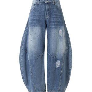 Vintage American Ripped Wide-Leg Jeans with Double Side Seam and Curved Silhouette - Retro 90s Style Denim Pants