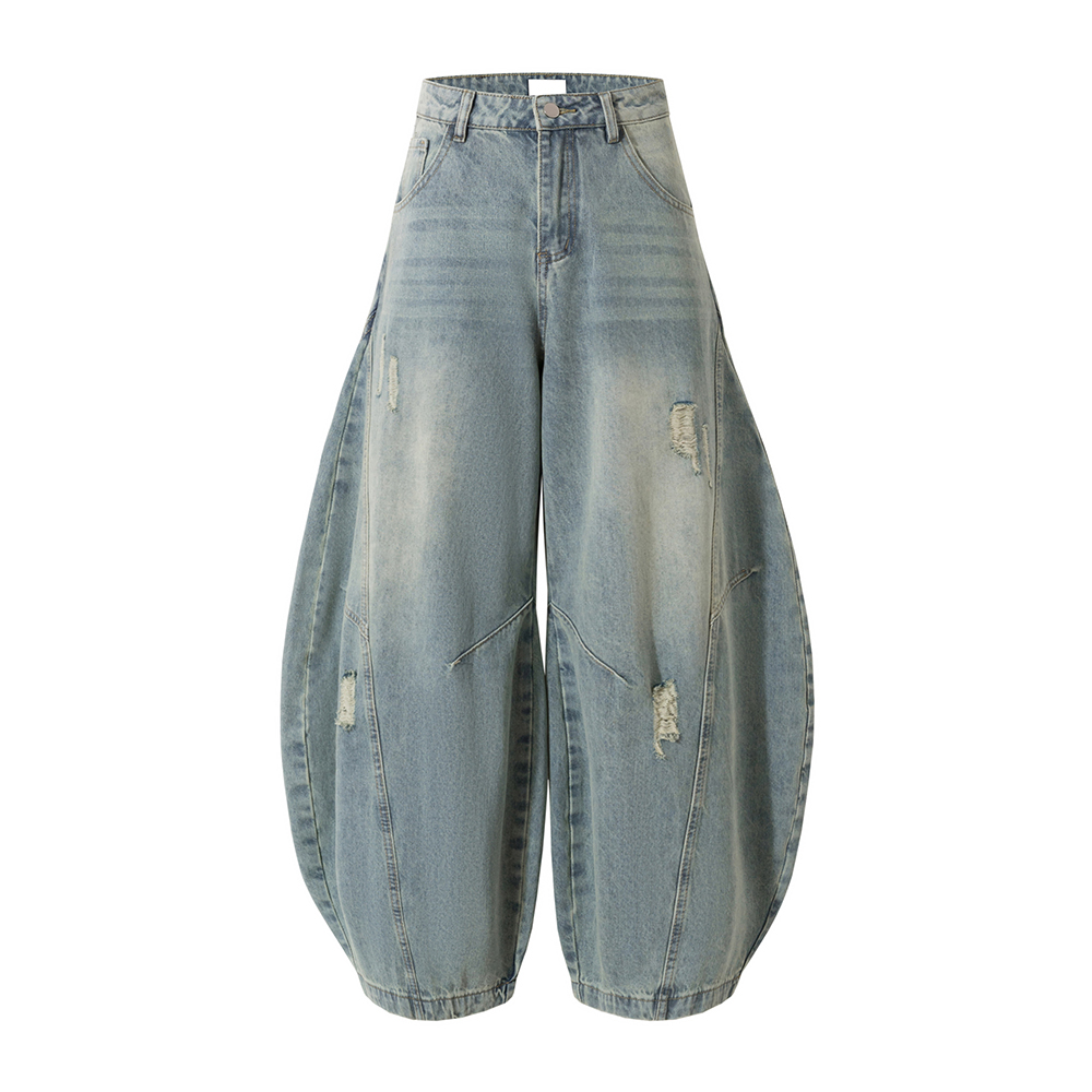 Vintage American Ripped Wide-Leg Jeans with Double Side Seam and Curved Silhouette - Retro 90s Style Denim Pants