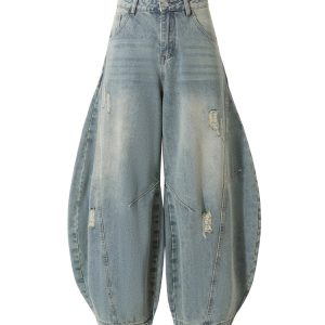 Vintage American Ripped Wide-Leg Jeans with Double Side Seam and Curved Silhouette - Retro 90s Style Denim Pants