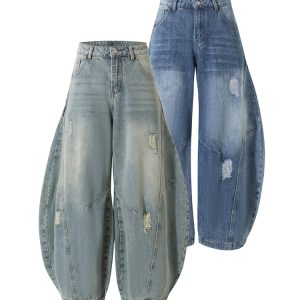 Vintage American Ripped Wide-Leg Jeans with Double Side Seam and Curved Silhouette - Retro 90s Style Denim Pants