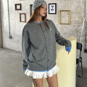 Vintage American Style Faux Two-Piece Knitted Cardigan Sweater for Men and Women - Loose Fit, Trendy Spliced Design
