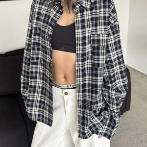 Vintage American Style Loose Long Sleeve Checkered Color Block Shirt for Men and Women, Relaxed Fit Button-Up Cardigan Top