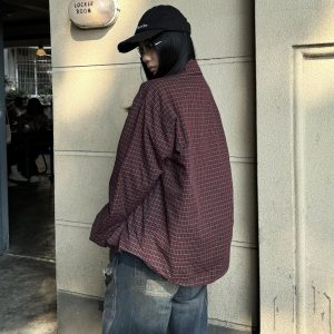 Vintage American Style Red Checkered Shirt Jacket - Thin Cotton Loose Fit Unisex Coat for Effortless Lazy Fashion
