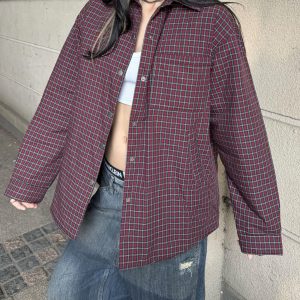 Vintage American Style Red Checkered Shirt Jacket - Thin Cotton Loose Fit Unisex Coat for Effortless Lazy Fashion