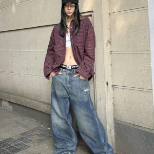 Vintage American Style Red Checkered Shirt Jacket - Thin Cotton Loose Fit Unisex Coat for Effortless Lazy Fashion