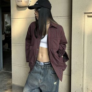 Vintage American Style Red Checkered Shirt Jacket - Thin Cotton Loose Fit Unisex Coat for Effortless Lazy Fashion