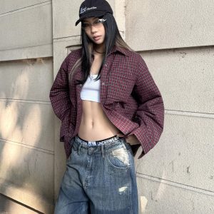 Vintage American Style Red Checkered Shirt Jacket - Thin Cotton Loose Fit Unisex Coat for Effortless Lazy Fashion