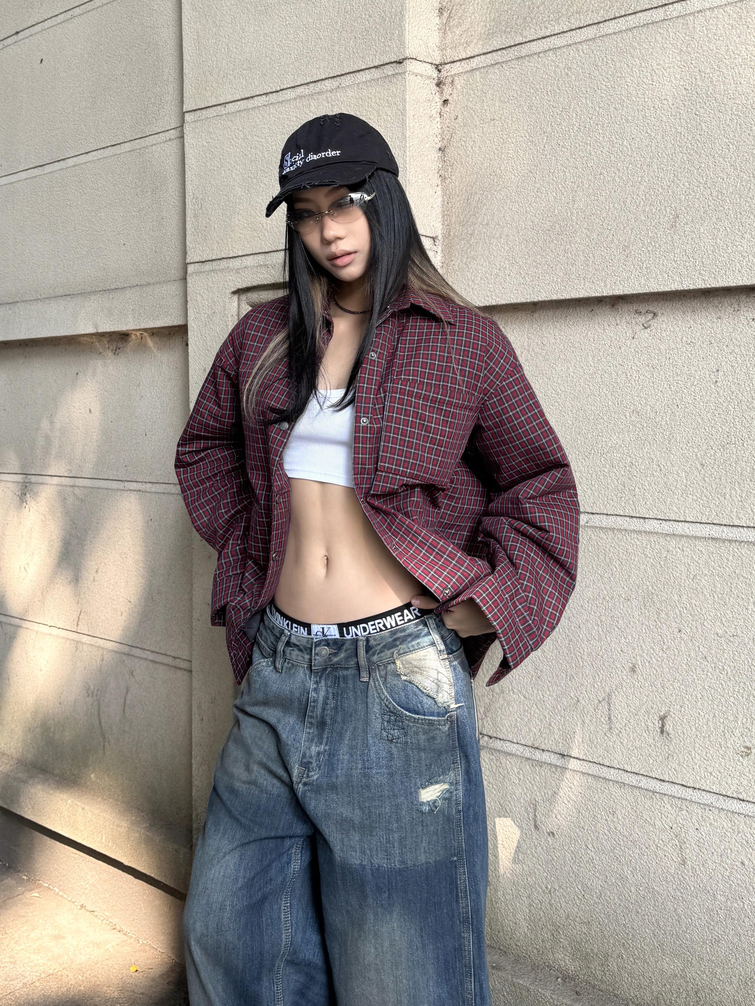 Vintage American Style Red Checkered Shirt Jacket - Thin Cotton Loose Fit Unisex Coat for Effortless Lazy Fashion