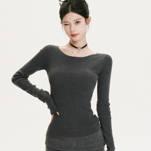 Vintage American-Style Slim-Fit Long Sleeve Knitted Top for Women - Autumn Winter Layering Essential