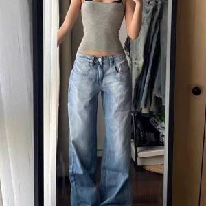 Vintage American Wide-Leg Jeans for Women - Summer Wash Low-Waist Loose-Fit Straight-Leg Floor-Length Pants