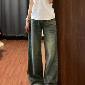 Vintage American Wide-Leg Jeans for Women - Summer Wash Low-Waist Loose-Fit Straight-Leg Floor-Length Pants