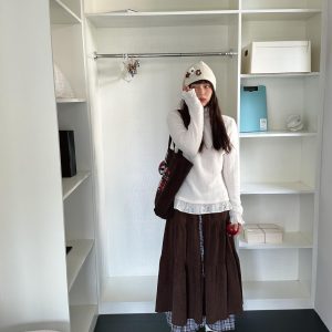 Vintage Autumn Winter Double-Layer Corduroy Midi Skirt - Heavy-Duty Slim-Fit Cake Skirt for Gallery Girl Style