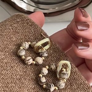 Vintage Beige Stone Handcrafted Hollow Oval Earrings for Women - Boho Chic Jewelry, Elegant Statement Accessory