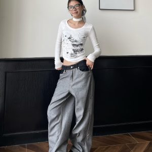 Vintage Black Denim Wide-Leg Pants - Spliced Fabric Design, Trendy Loose Fit, American High Street Style, Heatstroke Vibe
