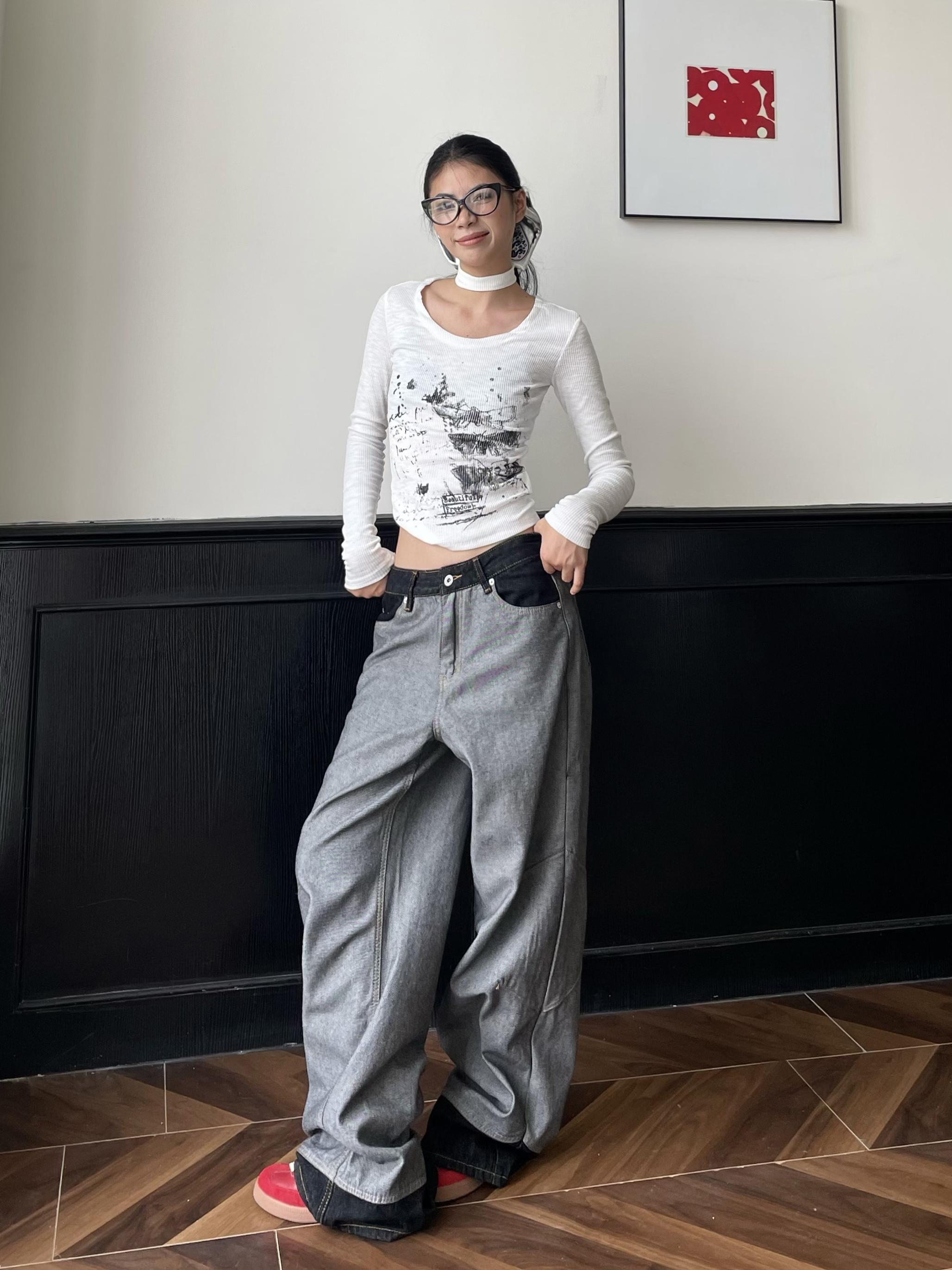 Vintage Black Denim Wide-Leg Pants - Spliced Fabric Design, Trendy Loose Fit, American High Street Style, Heatstroke Vibe