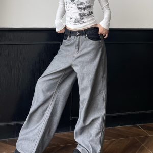 Vintage Black Denim Wide-Leg Pants - Spliced Fabric Design, Trendy Loose Fit, American High Street Style, Heatstroke Vibe