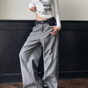 Vintage Black Denim Wide-Leg Pants - Spliced Fabric Design, Trendy Loose Fit, American High Street Style, Heatstroke Vibe
