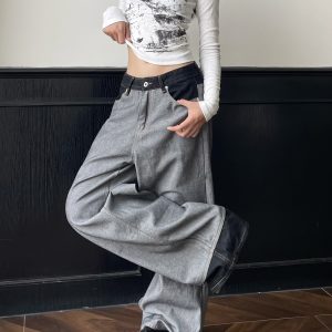 Vintage Black Denim Wide-Leg Pants - Spliced Fabric Design, Trendy Loose Fit, American High Street Style, Heatstroke Vibe