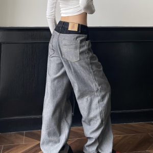Vintage Black Denim Wide-Leg Pants - Spliced Fabric Design, Trendy Loose Fit, American High Street Style, Heatstroke Vibe
