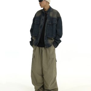 Vintage Blue Gradient Washed Distressed Denim Jacket for Men and Women, Casual Loose Fit with Large Pockets and Stand Collar