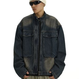 Vintage Blue Gradient Washed Distressed Denim Jacket for Men and Women, Casual Loose Fit with Large Pockets and Stand Collar