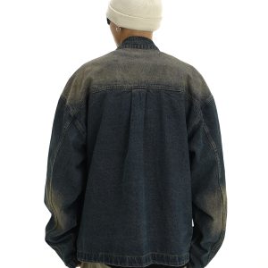 Vintage Blue Gradient Washed Distressed Denim Jacket for Men and Women, Casual Loose Fit with Large Pockets and Stand Collar