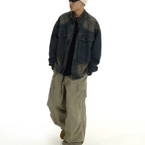 Vintage Blue Gradient Washed Distressed Denim Jacket for Men and Women, Casual Loose Fit with Large Pockets and Stand Collar