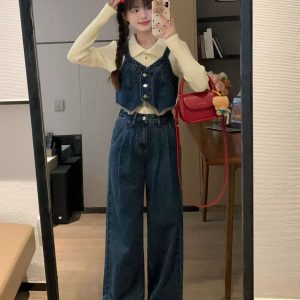 Vintage Blue Loose Draped Denim Pants for Women - Casual Split Strap Design, Relaxed Fit, Versatile Spring Style