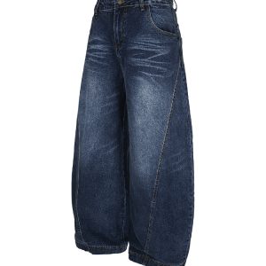 Vintage Blue Summer Loose Wide-Leg Straight Leg Jeans with Natural Whisker Detail - Retro American Style Denim