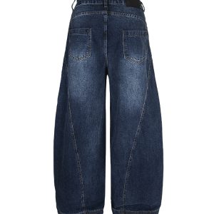 Vintage Blue Summer Loose Wide-Leg Straight Leg Jeans with Natural Whisker Detail - Retro American Style Denim