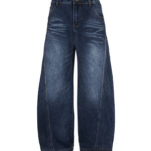 Vintage Blue Summer Loose Wide-Leg Straight Leg Jeans with Natural Whisker Detail - Retro American Style Denim