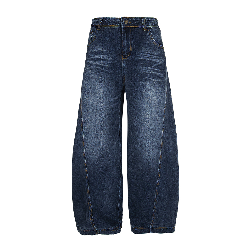 Vintage Blue Summer Loose Wide-Leg Straight Leg Jeans with Natural Whisker Detail - Retro American Style Denim