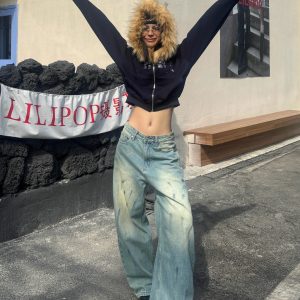 Vintage Blue Wide-Leg Jeans with Graffiti Spray Print - Retro High Street Style, Loose Fit, Floor-Length, Streetwear Fashion