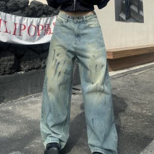 Vintage Blue Wide-Leg Jeans with Graffiti Spray Print - Retro High Street Style, Loose Fit, Floor-Length, Streetwear Fashion
