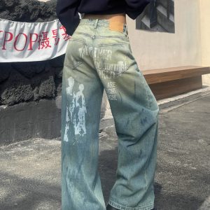 Vintage Blue Wide-Leg Jeans with Graffiti Spray Print - Retro High Street Style, Loose Fit, Floor-Length, Streetwear Fashion