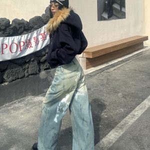 Vintage Blue Wide-Leg Jeans with Graffiti Spray Print - Retro High Street Style, Loose Fit, Floor-Length, Streetwear Fashion