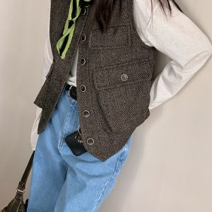 Vintage British Style Floral Houndstooth Vest - Women's Wool Blend Waistcoat for 90s Inspired Outerwear