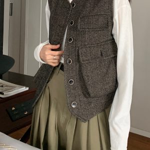 Vintage British Style Floral Houndstooth Vest - Women's Wool Blend Waistcoat for 90s Inspired Outerwear