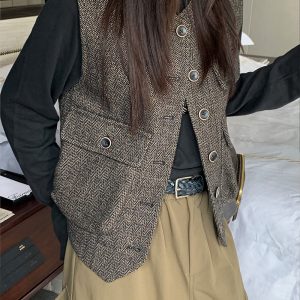 Vintage British Style Floral Houndstooth Vest - Women's Wool Blend Waistcoat for 90s Inspired Outerwear