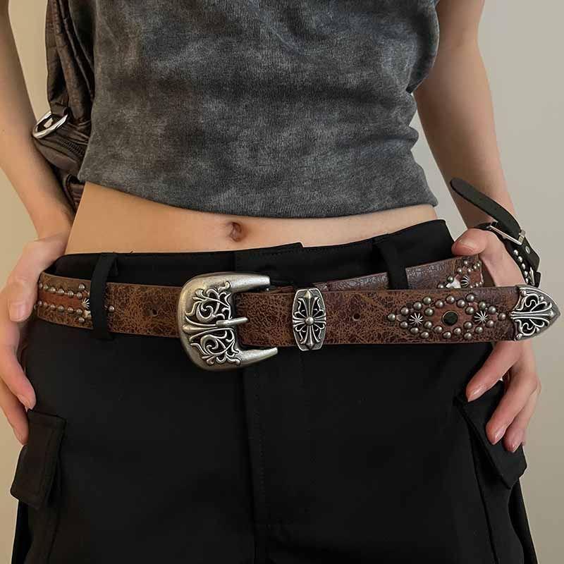 Vintage Brown Studded Belt - Versatile High-End Denim Pants Accessory for Y2K and 90s Style Fashion