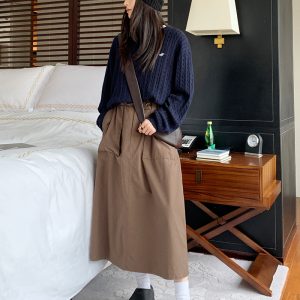 Vintage Cable Knit Sweater for Women - Loose Fit Side Slit Pullover in Dark Blue - 2023 Autumn Winter Fashion