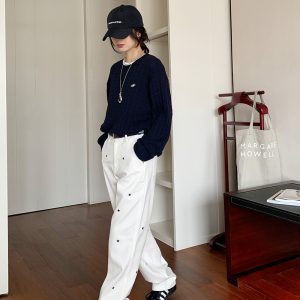Vintage Cable Knit Sweater for Women - Loose Fit Side Slit Pullover in Dark Blue - 2023 Autumn Winter Fashion