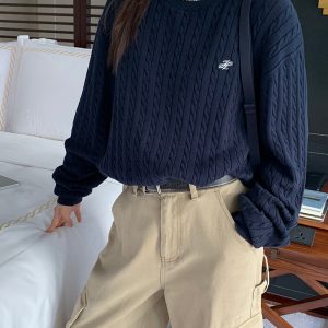 Vintage Cable Knit Sweater for Women - Loose Fit Side Slit Pullover in Dark Blue - 2023 Autumn Winter Fashion