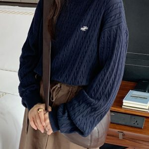 Vintage Cable Knit Sweater for Women - Loose Fit Side Slit Pullover in Dark Blue - 2023 Autumn Winter Fashion