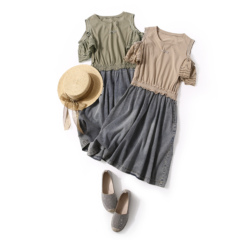 Vintage Casual Dress with Off-Shoulder Design, Hollow Embroidery, and Spliced Denim - European Summer Fashion