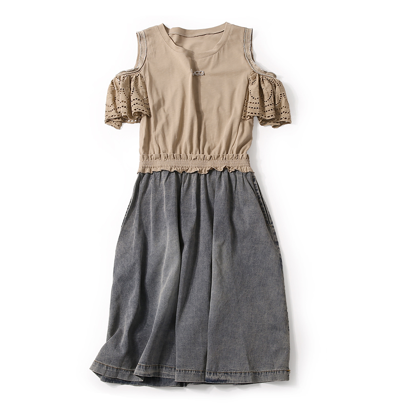 Vintage Casual Dress with Off-Shoulder Design, Hollow Embroidery, and Spliced Denim - European Summer Fashion