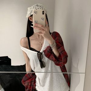 Vintage Check Long Sleeve Plaid Shirt for Women - Loose Fit Raw Edge Jacket - Summer Style Top - Y2K Fashion